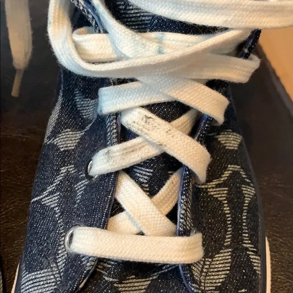 Coach Denim Logo High-Top Sneakers in Blue and White - Picture 3 of 10